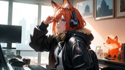 A cute Q-version red fox character with headphones sitting in front of a computer in an office. The image  in high definition an...