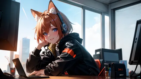 a q-version of a cute red fox wearing headphones and sitting in front of the computer in the office. high-definition image of cu...