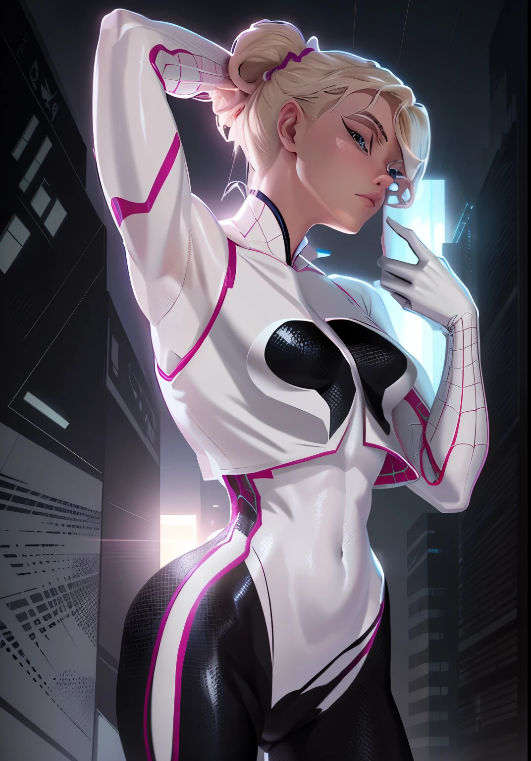 18yo SpiderGwen，White Spider-Man suit，short and wavy hair，blondehair，beautifulface，hoodie, action pose, lluvia，teto，The Masterpiece，exquisite detailing，Perfect anatomy，best qulity，ultra-highresolution，4k