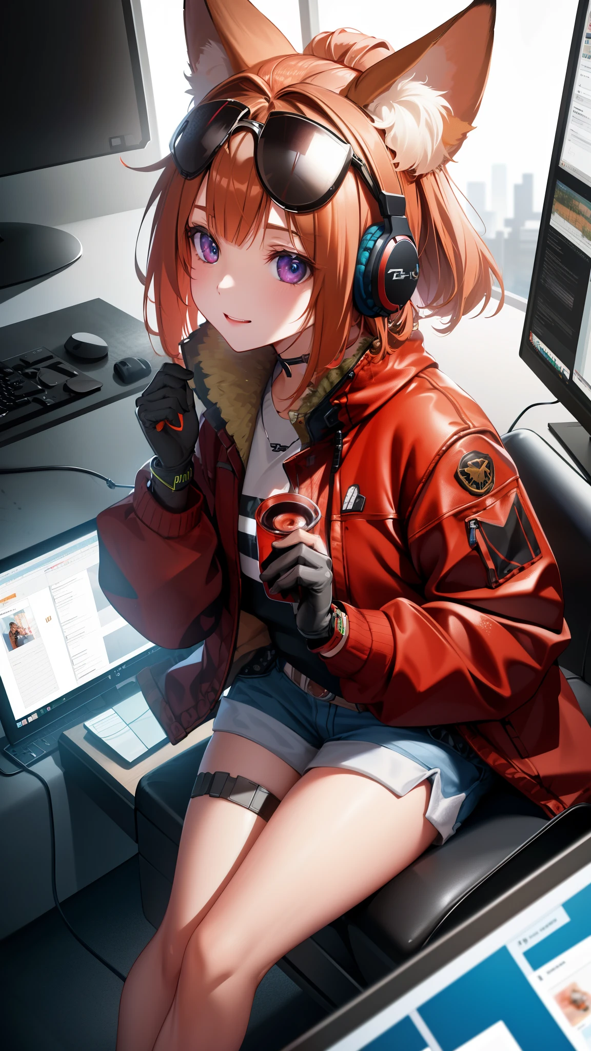 A Q-version of a cute red fox wearing headphones and sitting in front of the computer in the office. High-definition image of cute customer service., Using advanced macro photography technology、The hands are very detailed, sunlight, (blurred background), WLOP, art station, CG settings, concept art, CG settings, octane rendering, Estação Arte fashion trends, art stationHD, art station, 4k, 8K, masterpiece, better quality, Super detailed, expressive eyes.