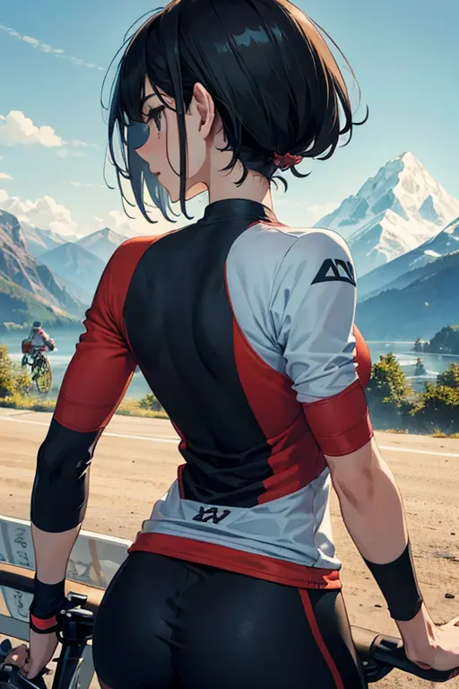 beautiful mature woman、bicycle、mountain bike、players、upper body、back view