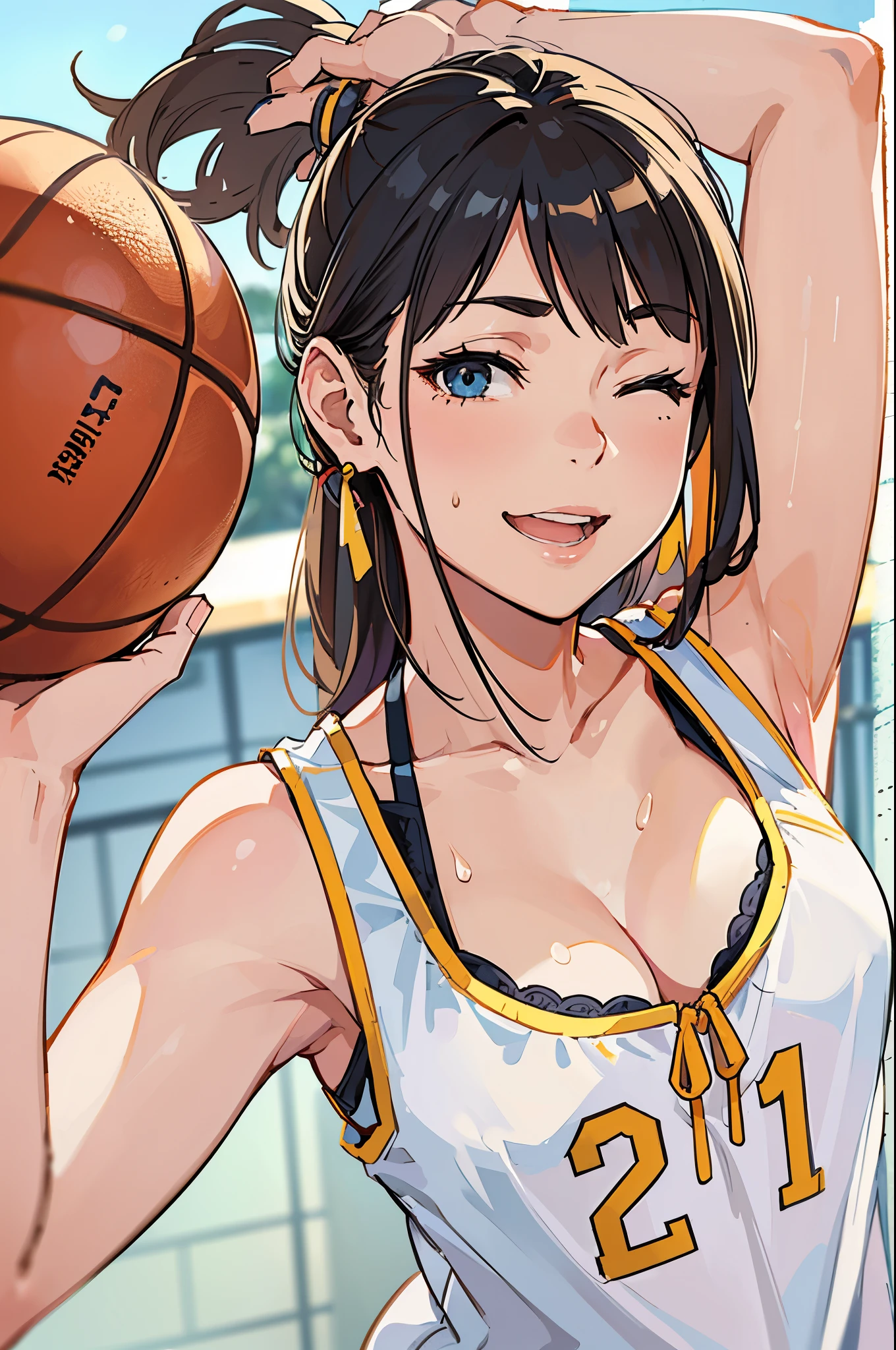 (muste piece), sexy、natural light, It&#39;s photorealistic, camel toe, diffused light, Depth of the bounds written, professional lighting、Big eyes、Have a basketball、Cheerful smile、scattering sweat、one eye closed、