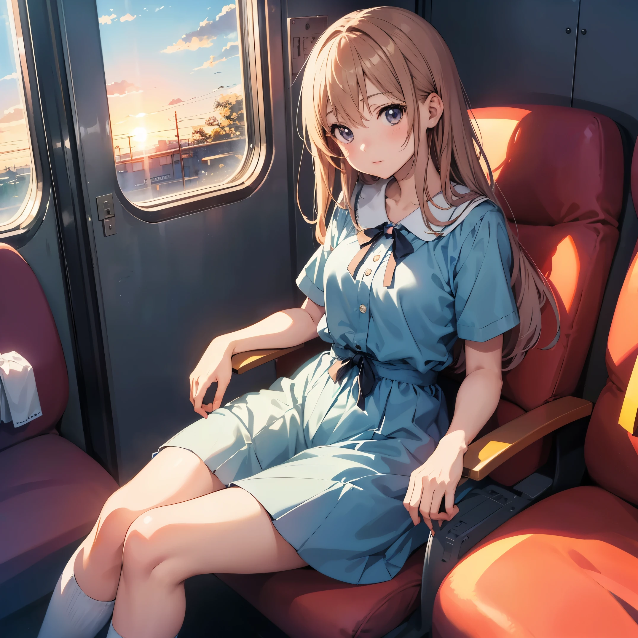 Anime girl sitting on train looking out window, beautiful anime portrait, portrait of lofi at a window, beautiful anime girl, portrait of lofi, lofi girl, portrait anime girl, Gwaites style artwork, high quality portrait, with sunset, attractive anime girl, cute anime girl, realistic cute girl drawing, anime style. 8k