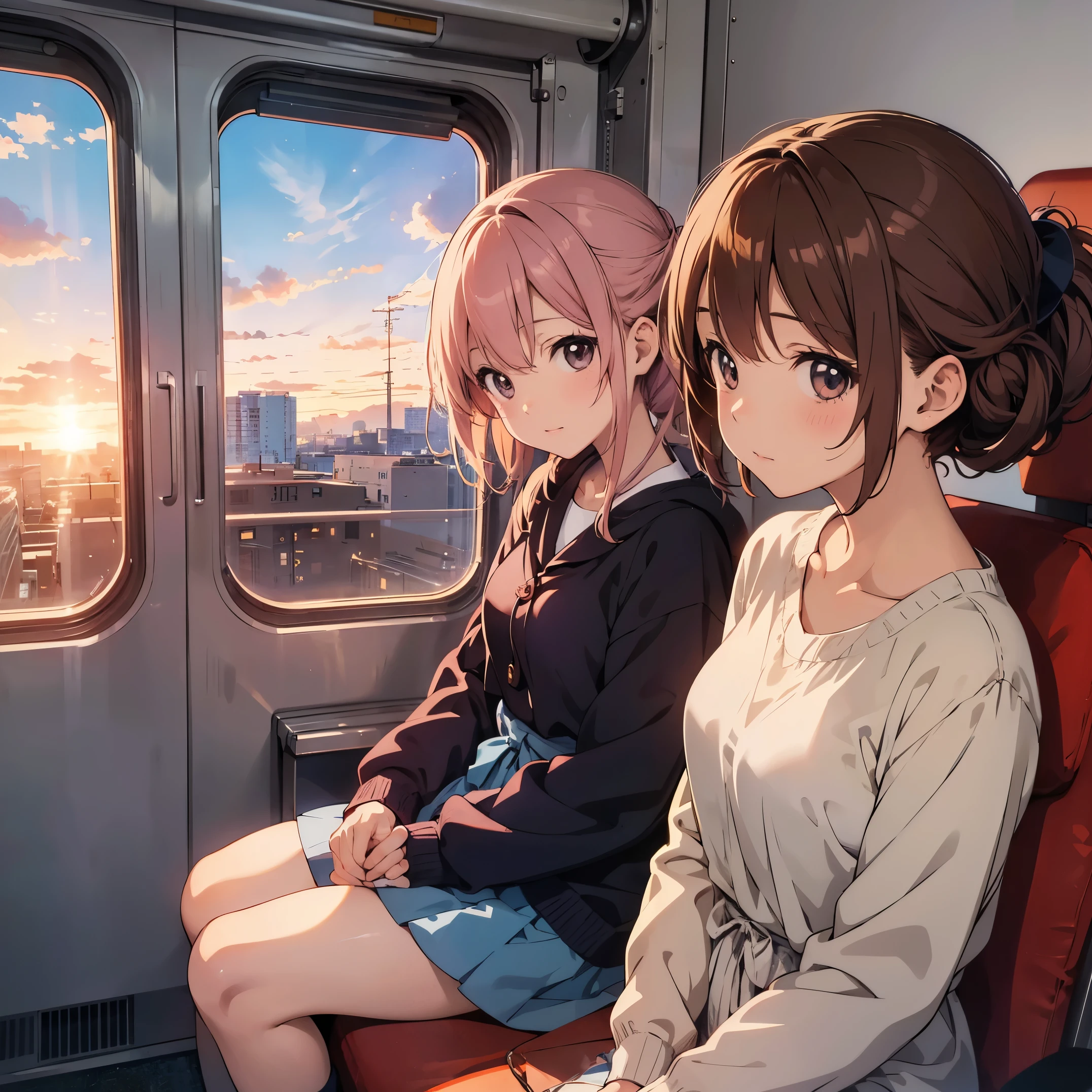 Anime girl sitting on train looking out window, beautiful anime portrait, portrait of lofi at a window, beautiful anime girl, portrait of lofi, lofi girl, portrait anime girl, Gwaites style artwork, high quality portrait, with sunset, attractive anime girl, cute anime girl, realistic cute girl drawing, anime style. 8k