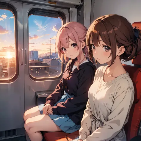 Anime girl sitting on train looking out window, beautiful anime portrait, portrait of lofi at a window, beautiful anime girl, po...