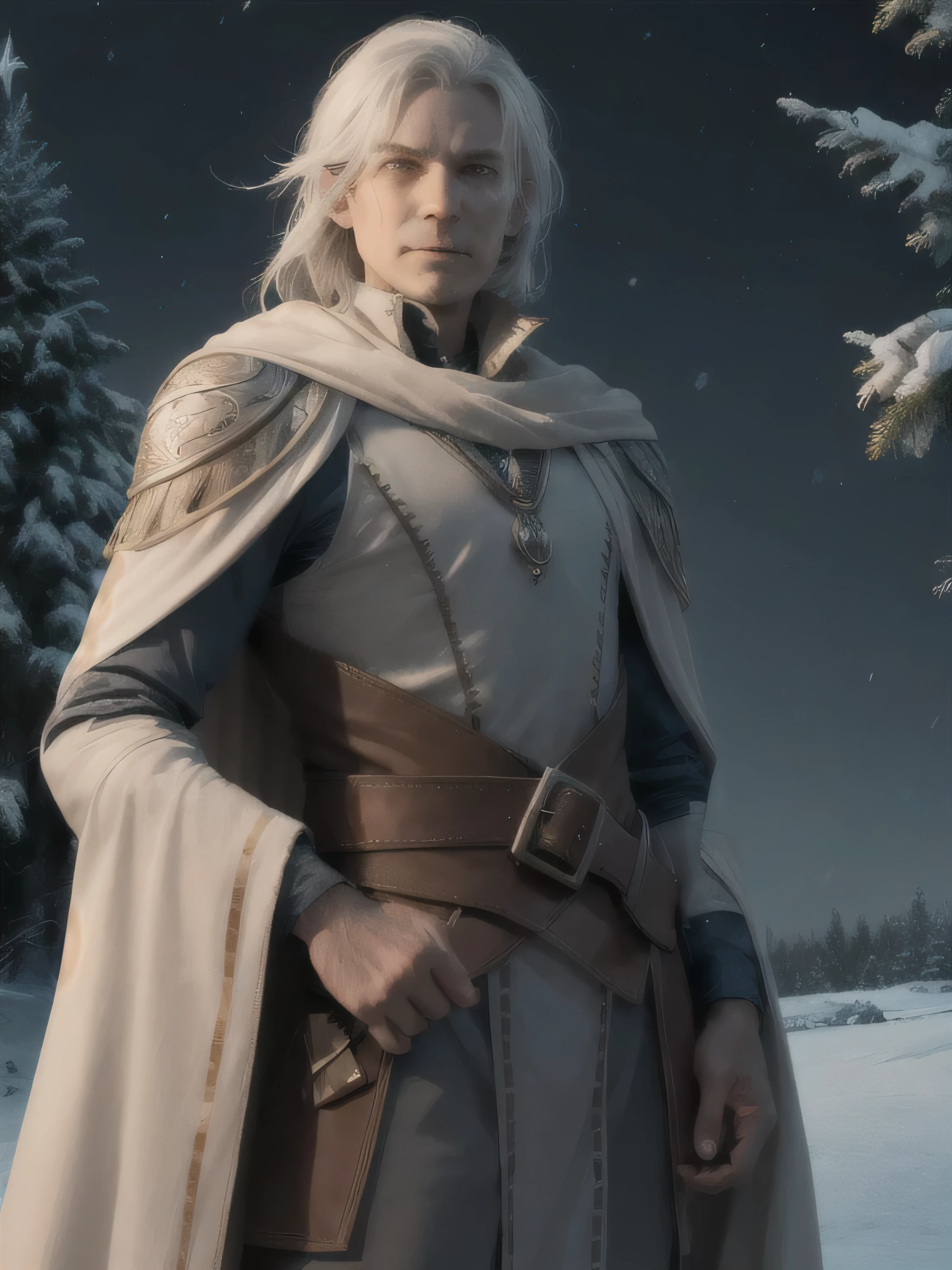 DnD drow character, elf (((man))) drown with ((gray skin)) and red eyes, White hair, winter forest background, Night, Moonlight, fairy lights, minimal smile, hyper details, clipart, album elements, historical takeover, cinematic, editorial, very detailed, bright colors, beautifully lit, drow man, professional photorealism, art station, oil, Christmas tree