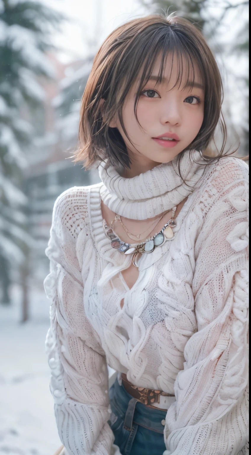 (white oversized knitted sweater:1.3), upper body, (A Japanese Lady), midium hair, excited expression, Looking at Viewer, in snowy forest, Snowy wind, Twilight rays, SIGMA 85 mm F/1.4, (masuter piece), (Low contrast:1.1), (highlydetailed skin), (very detailed lipest Quality:1.0), (超A high resolution:1.0) ,(photographrealistic:1.2), (ultra-detailliert:1.0), (8k RAW photo:1.1), large breasts, look at the viewer, Sexy Pose, silver hair, Dark skin、Brown skin、strongly tanned skin、Gal style necklace、Gal style bracelet、Gal Style Accessories