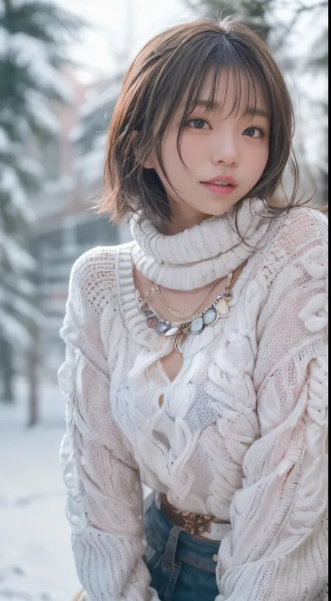 (white oversized knitted sweater:1.3), upper body, (A Japanese Lady), midium hair, excited expression, Looking at Viewer, in sno...