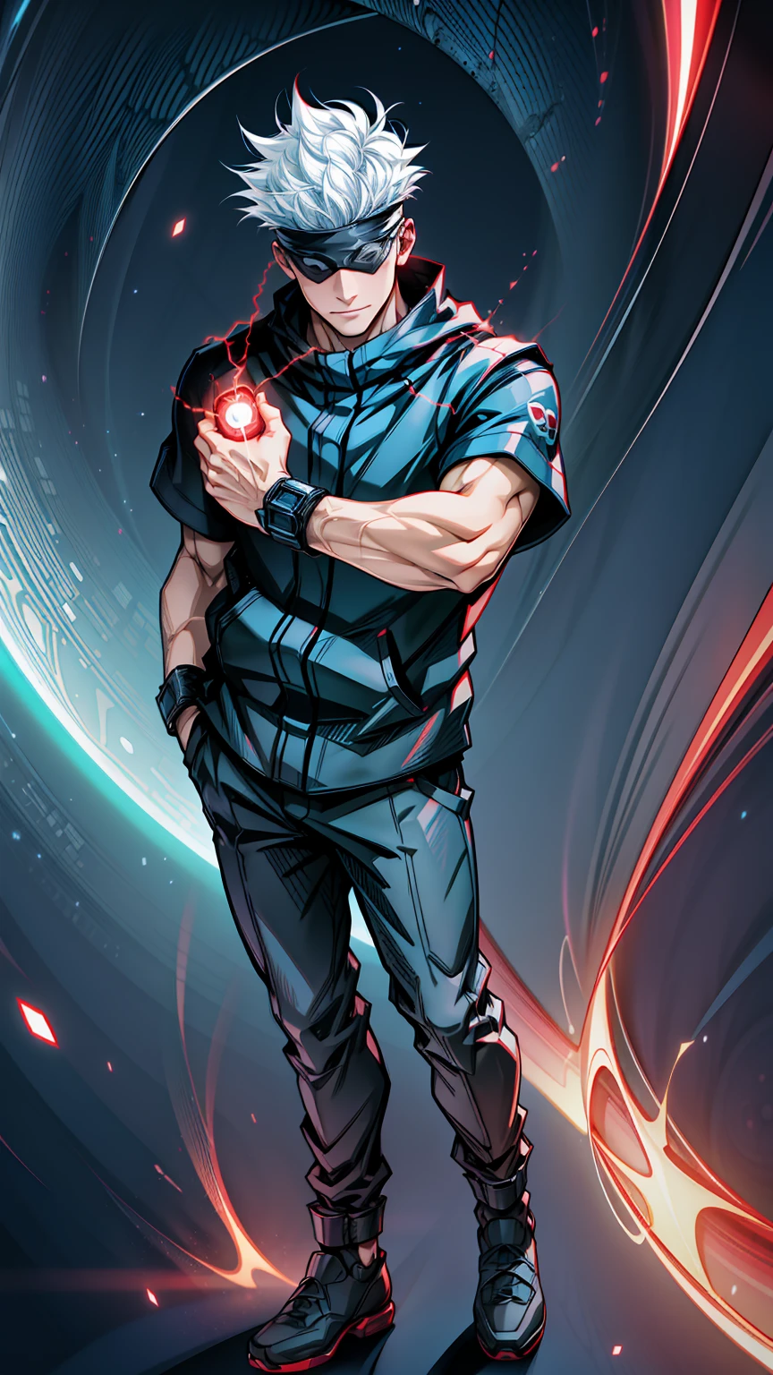 1boy, full body shot, perfect fingers, satoru gojo, blindfold, black outfit, white hair, use skill pose (( red energy void in right hand,blue energy void in left hand)), smirk, red and blue moon background, wallpaper, cinematic,High resolution 8K, Bright light illumination, lens flare, sharpness, masterpiece, top-quality, The ultra -The high-definition, high resolution, extremely details CG, Anime style, Film Portrait Photography,