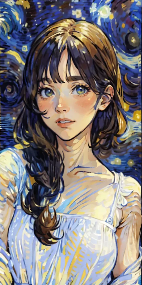 VincentWillemvanGogh style,1girl,solo,looking at viewer,White clothes，brown hair，Background Van Gogh&#39;s Starry Night