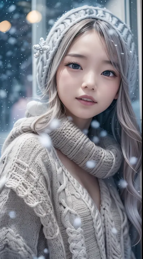 stand in front of the Christmas show window, japanese woman,  (oversized knitted sweater:1.3), snowing, pupils sparkling, silver long hair, depth of field, f/1.8, anatomically correct, textured skin, super detail, high details, high quality, super detail, ...