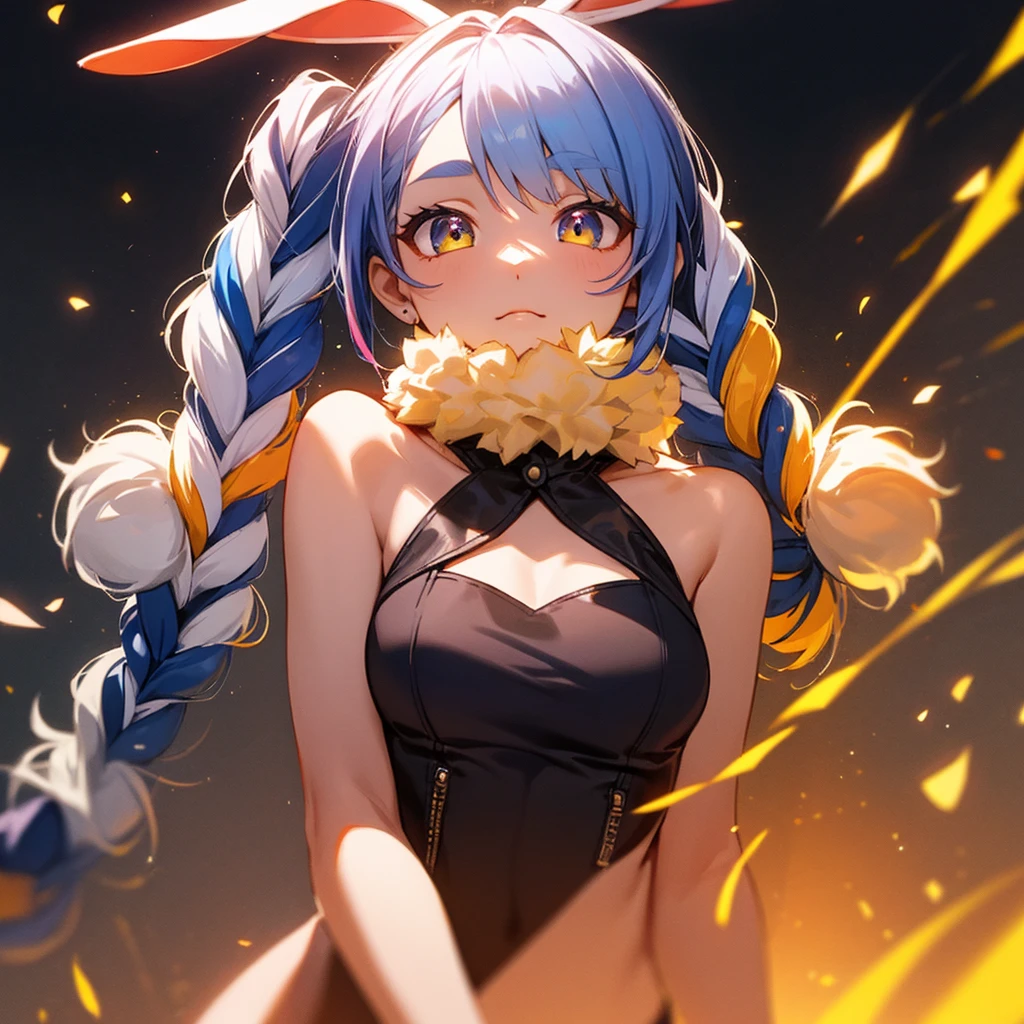 (shape: Used Pecora), Bunny girl, blue hair, twin braids, girl, alone, {{masterpiece}}, highest quality, Highly detailed CG Unity 8k wallpaper, cinematic lighting, Lens flare, beautiful detail eyes, side line, colorful light, particle, (colorful:1.5), (colorful hair:1.5)