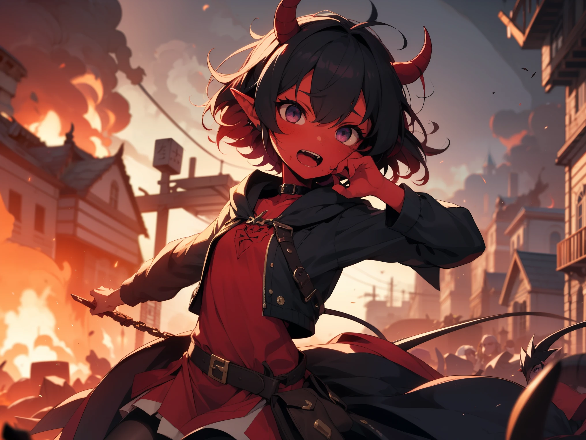 ((loli)), (tiefling), red skin, small black devil horns, short hair, ((messy hair)), black hair, purple hair highlights, purple eyes, dirty face, dirty clothes, devil tail, fantasy town, sunny day, ((explosions)), fire, dynamic pose, Very good figure, bright tone, warm color, colorful, masterpiece, super detail, high quality, best quality, highres, 16k