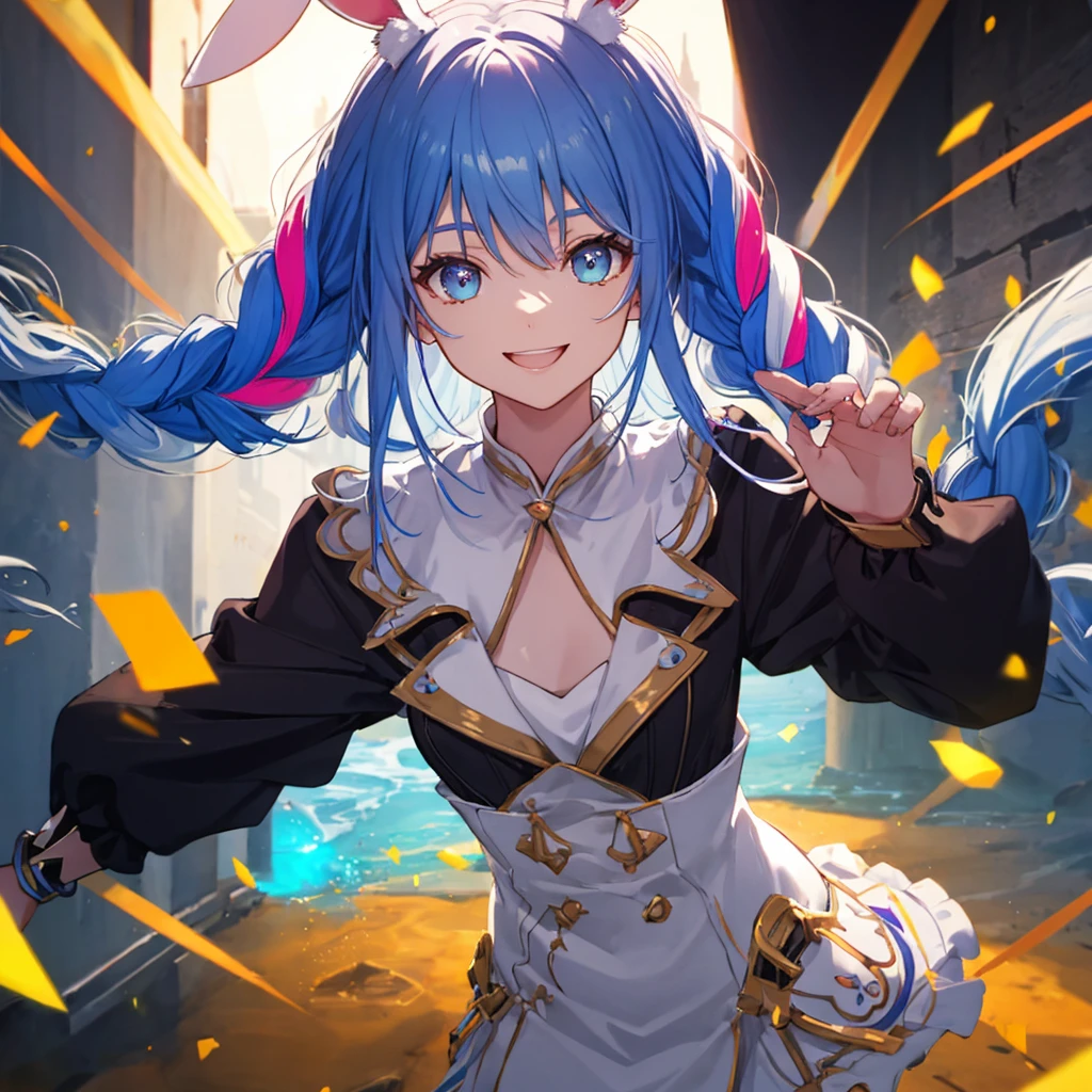 (shape: Used Pecora), Bunny girl, blue hair, twin braids, girl, alone, {{masterpiece}}, highest quality, Highly detailed CG Unity 8k wallpaper, cinematic lighting, Lens flare, beautiful detail eyes, side line, colorful light, particle, (colorful:1.5), (colorful hair:1.5),smile,fluffy clothes