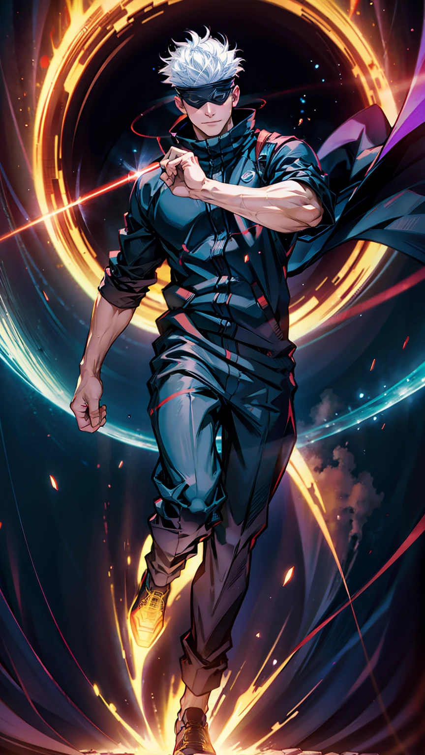 1boy, full body shot, satoru gojo, blindfold, black outfit, white hair, dynamic pose (( red energy void in right hand,blue energy void in left hand)), smirk, red and blue moon background, wallpaper, cinematic,High resolution 8K, Bright light illumination, lens flare, sharpness, masterpiece, top-quality, The ultra -The high-definition, high resolution, extremely details CG, Anime style, Film Portrait Photography,masterpiece,hyperdetail