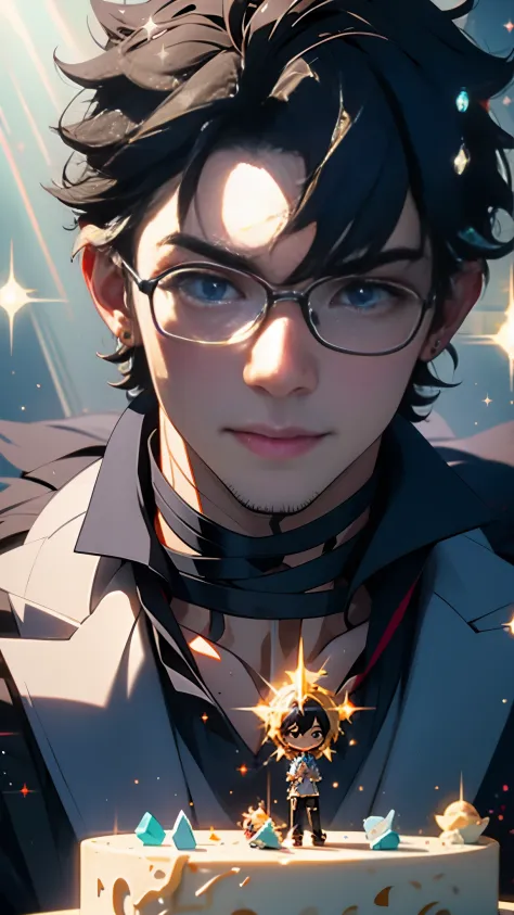 boys, one person, wearing glasses, short black hair, sit in front of cake, close up, happy, anime style, god rays, sparkle, projected inset, wide shot, Sony FE , UHD, high details, high quality