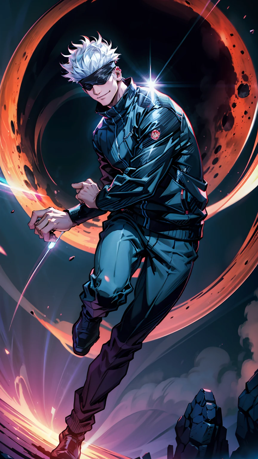 1boy, full body shot, satoru gojo, blindfold, black outfit, white hair, dynamic pose ,cursed energy in hand, smirk, red and blue moon background, wallpaper, cinematic,High resolution 8K, Bright light illumination, lens flare, sharpness, masterpiece, top-quality, The ultra -The high-definition, high resolution, extremely details CG, Anime style, Film Portrait Photography,masterpiece,hyperdetail