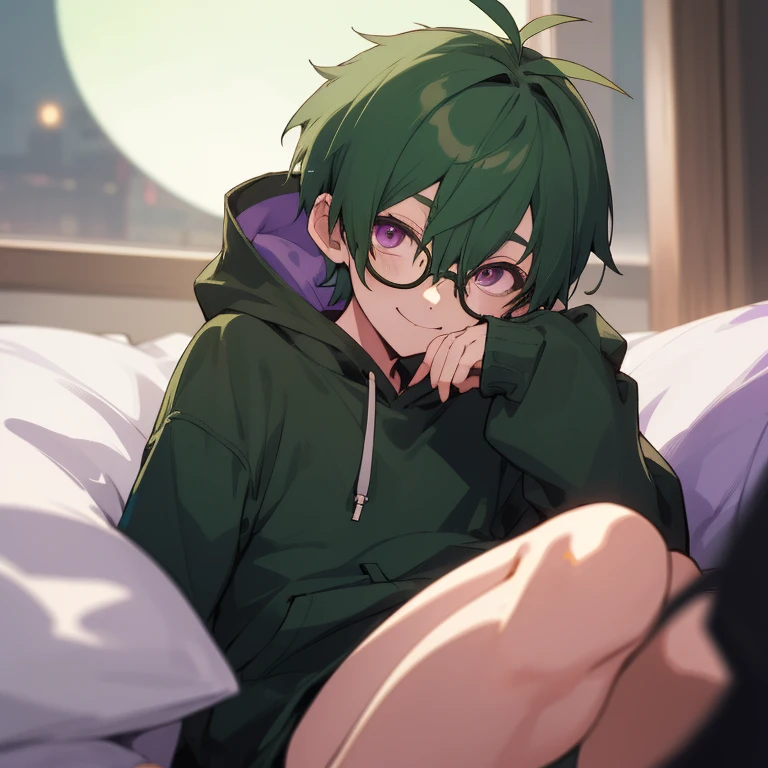 Shota boy,green hair,short hair,wearing a black circle glasses,two green antenna,purple eyes,cute,white skin,wearing a hoodie,wearing a panties,lying on the bed,innocent,smiling,shy,night in shanghai