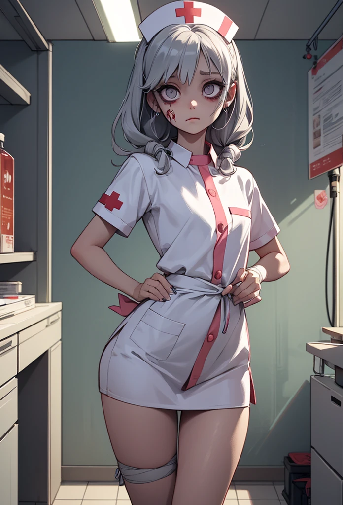 (detailed illustrations,Very detailed and precise drawing,Delicate drawn lines with tempo,Realistic texture expression),[color traced main line],Inorganic concrete room[Night Hospital],(Japan adult female[28 years old](Zombie Nurse))tied hair [SKINNY((small chest))][pale skin](sickly look[Silver eyes]),[[bandage]bondage fashion],[blood return],(Fine and beautiful skin expression [transparency]),[precisely drawn hair],(Perfectly hand detailed [Beautiful fingers with no damage [beautiful nails]]),(perfect anatomy(perfectly balanced proportions))[[full body portrait]],[ideal color coordination(Accurate simulation of light and material interactions)],([Precision Detail](detailed,High definition)),[[Pale and gentle colors]][Visual art that tells a story] [[Eros in the Natural Body]].