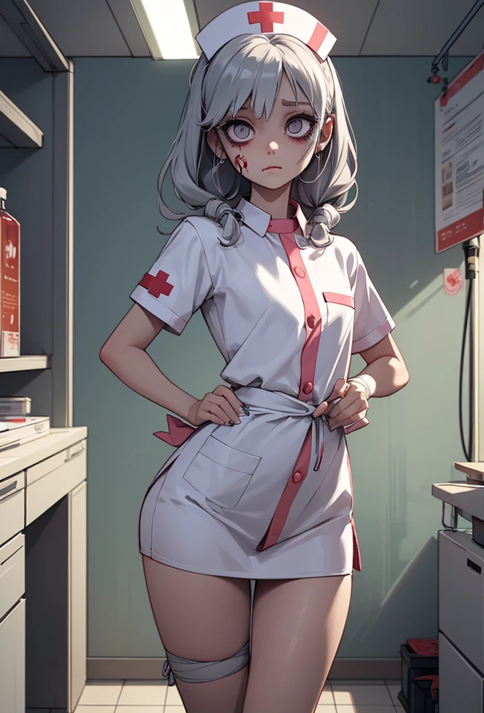 (detailed illustrations,Very detailed and precise drawing,Delicate drawn lines with tempo,Realistic texture expression),[color traced main line],Inorganic concrete room[Night Hospital],(Japan adult female[28 years old](Zombie Nurse))tied hair [SKINNY((small chest))][pale skin](sickly look[Silver eyes]),[[bandage]bondage fashion],[blood return],(Fine and beautiful skin expression [transparency]),[precisely drawn hair],(完璧な手のdetailed [Beautiful fingers with no damage [beautiful nails]]),(perfect anatomy(perfectly balanced proportions))[[full body portrait]],[ideal color coordination(Accurate simulation of light and material interactions)],([Precision Detail](detailed,High definition)),[[Pale and gentle colors]][Visual art that tells a story] [[Eros in the Natural Body]].