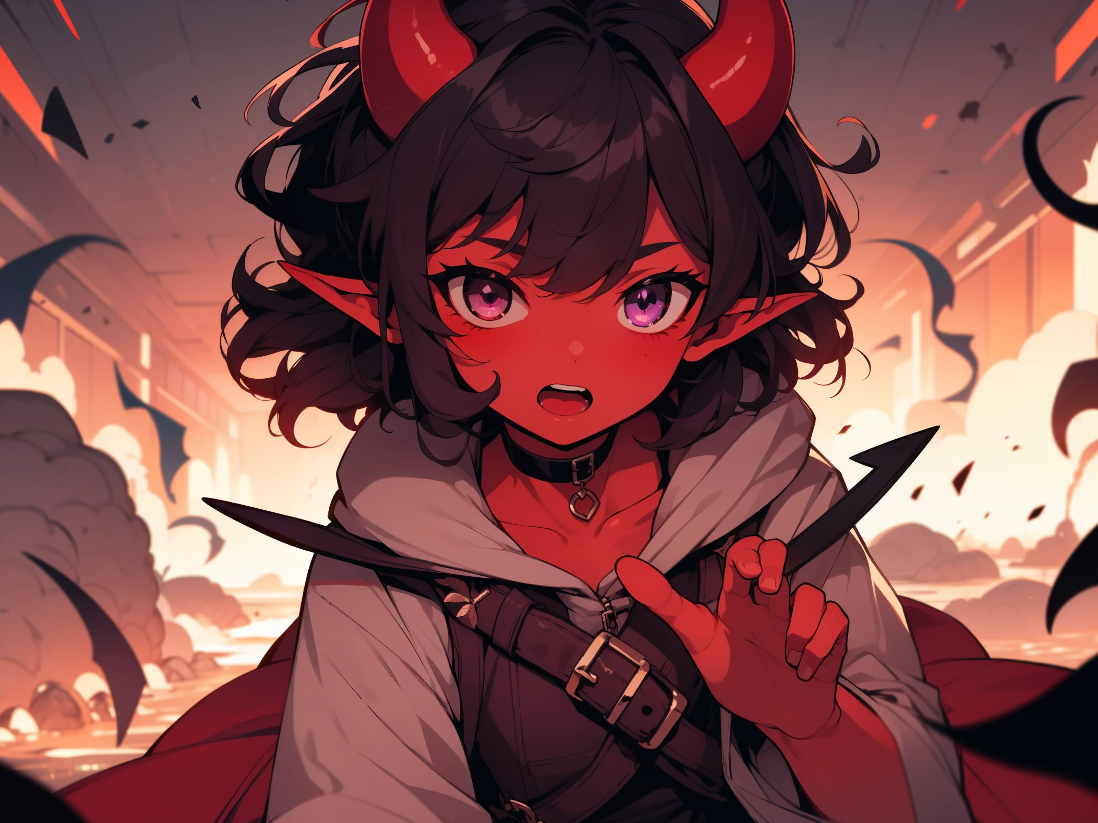 ((loli)), (tiefling), red skin, small black devil horns, short hair, ((messy hair)), black hair, purple hair highlights, purple eyes, dirty face, dirty clothes, devil tail, fantasy town, sunny day, ((explosions)), fire, dynamic pose, Very good figure, bright tone, warm color, colorful, masterpiece, super detail, high quality, best quality, highres, 16k