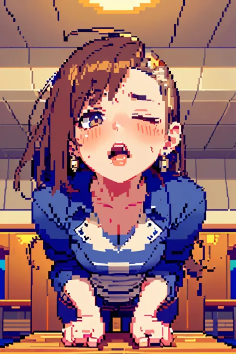 (((pixel art, stylized game character, fewer wrinkles, simplified contours))), (a woman masturbating with the corner edge of the table, lean on the table), slut, ((orgasm, ecstasy face)), (blush), dark brown pupil, open mouth, ((drooping eyes, blush)), ((s...