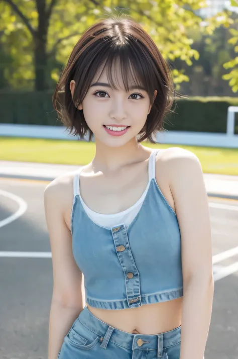 The beauty of 8K raw photos:2.0, short hair, great face and dark eyes, stare at the camera, lazy smile:1.6, show teeth, Show 1&#39;~ side, put your hands behind your head, standing model, dynamic pose, A dynamic pose,（white tank top, denim shorts:1.2)、wear...