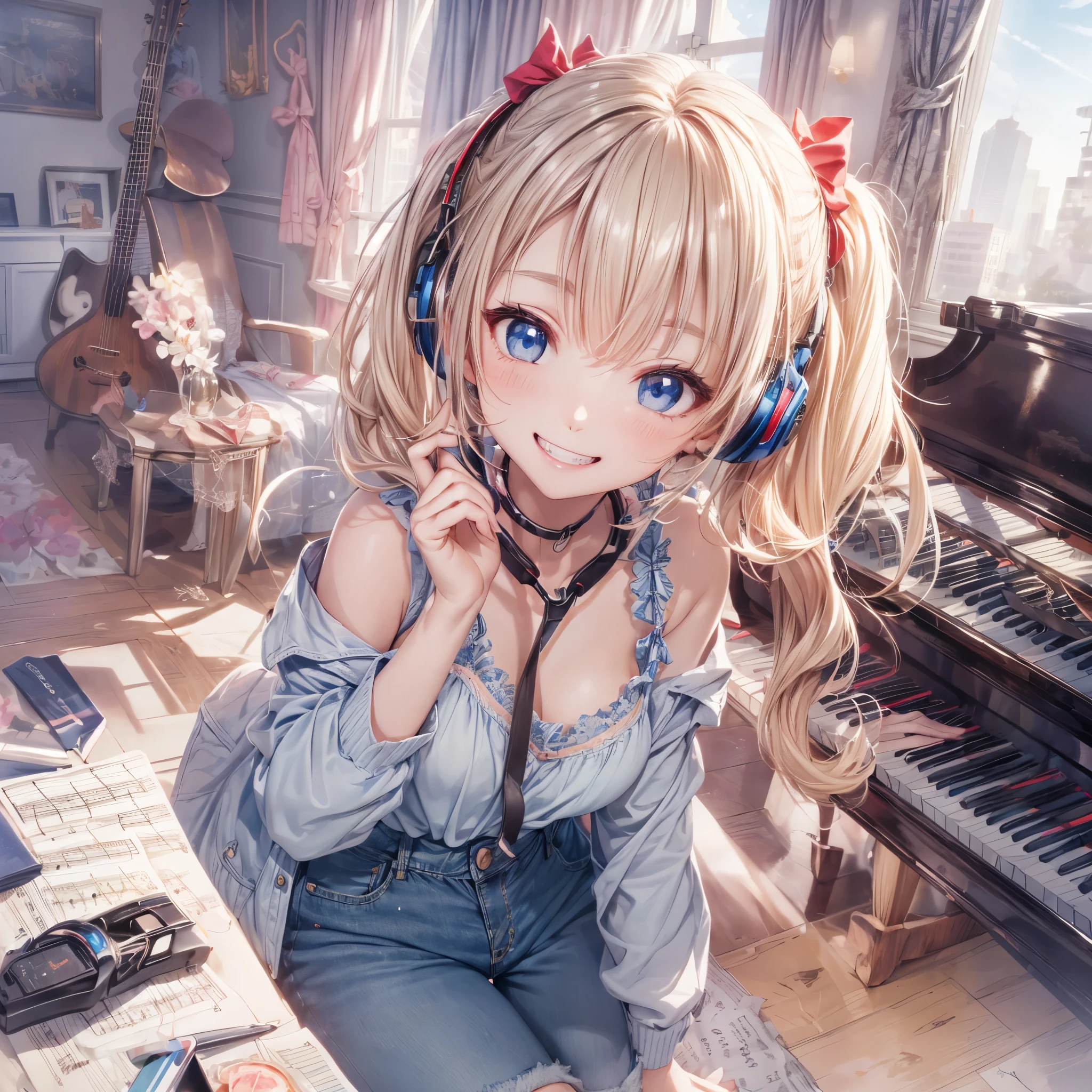 disorganized, (solo 1.4),Super detailed,bright colors,very beautiful detailed anime face and eyes, from side,short hair,(Asymmetrical bangs and short twintails),shiny hair,put on headphones,grand piano in the room,(sleeveless shirt:1.2),(There&#39;s a lot of sheet music on the floor:1.3),delicate and beautiful face,blush,(deep blue eyes:1.3),(naughty smile:1.4),(short denim pants:1.1),shiny hair,(double teeth),(bright sunlight),(flash),I can see the blue sky from the window、