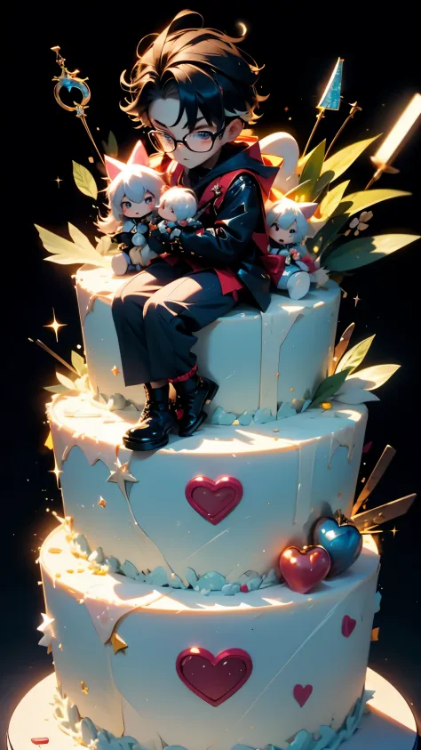 boys，wearing glasseirthday Cake，There are cute dolls on the cake