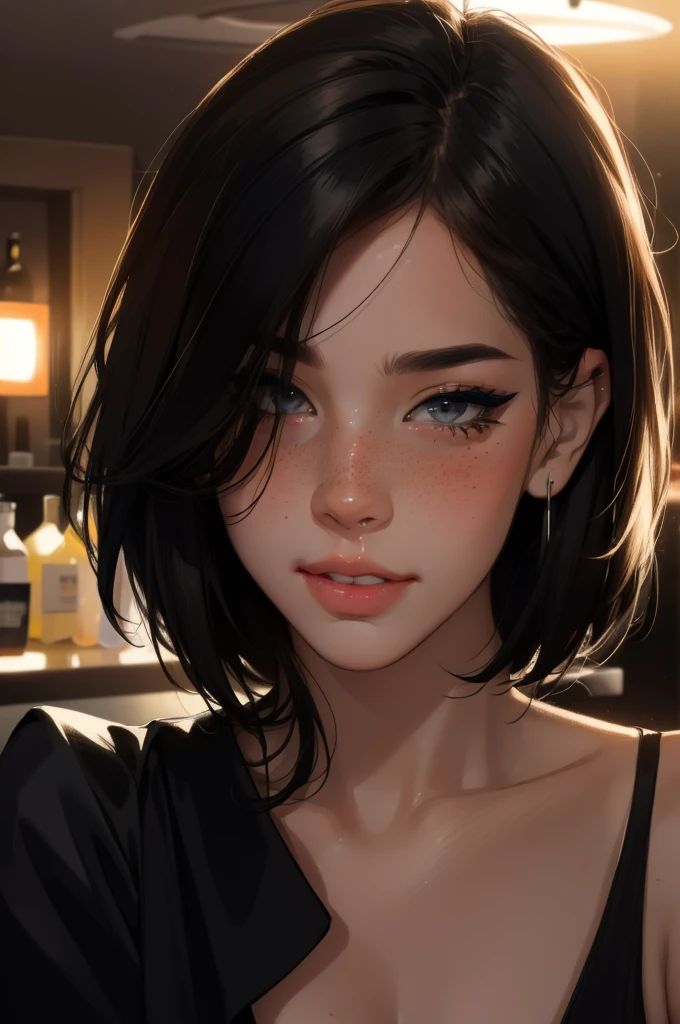 at a nightclub sitting at bar, eyeliner (masterpiece) (best quality) (detailed) (8k) (HDR) (wallpaper) (cinematic lighting) (sharp focus) (intricate) freckles, biting lip, short hair, slutty outfit, sexy,  blush