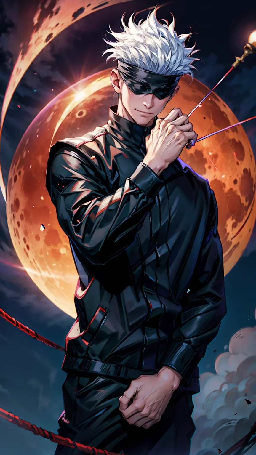 1boy, perfect hand and fingers, satoru gojo, blindfold, black outfit, white hair, look at sky, smirk, red and blue moon city nig...