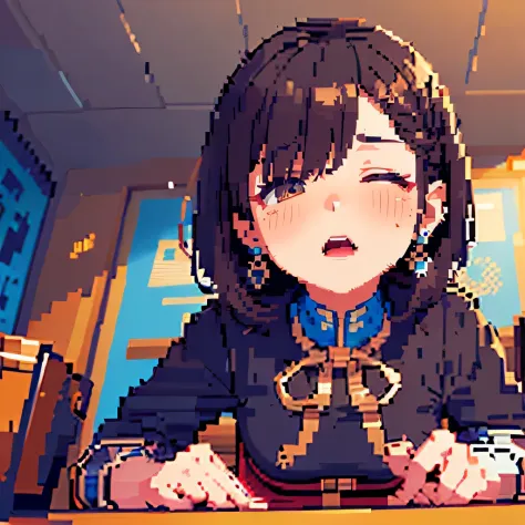 (((pixel art, stylized game character, fewer wrinkles, simplified contours))), (a woman masturbating with the corner edge of the table, lean on the table), slut, (blush), dark brown pupil, open mouth, ((drooping eyes, blush)), ((sleepy)), (angle from below...