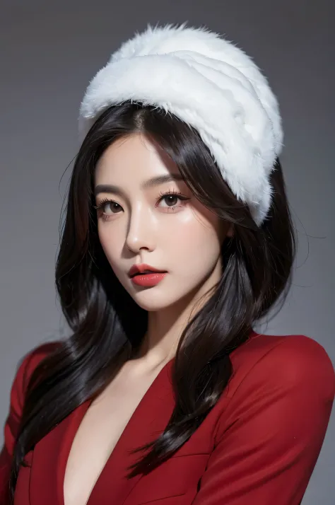 Korean celebrity photos are so beautiful，Red clothes facing the camera，upper part of body，long black hair，young and good looking，fair skin，Exquisite makeup，red lips，solid color background，Fashion accessories colorless hair，beautiful，real life modeling，HD，T...