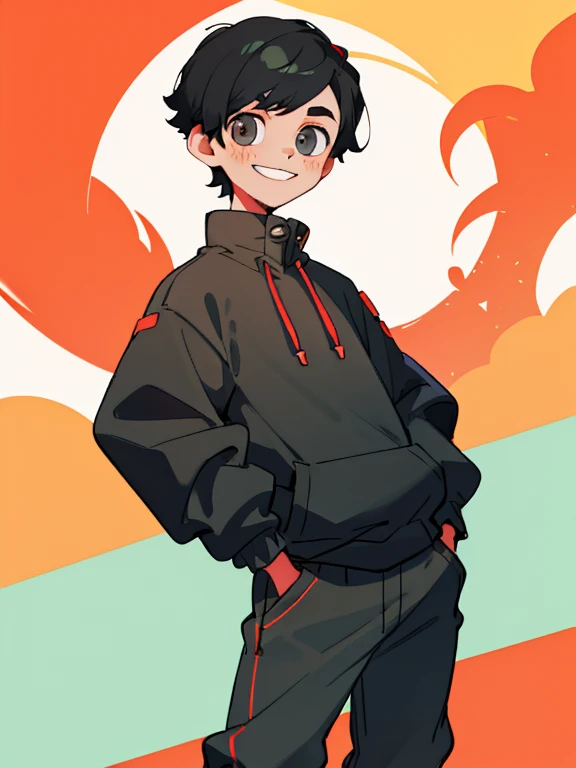 a boy,short black hair,facing the camera sideways,Wearing a gray sweatshirt（The sleeves are red）Smile，hands in pockets,Sunny and handsome