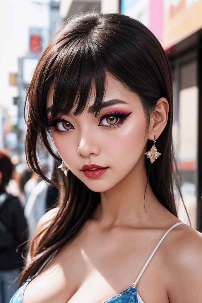 Close-up of a Kogal fashionista,cleavage,focusing on her trendsetting makeup with bold eyeliner and glossy lips, against a colorful  Shibuya backdrop, vibrant bokeh photography style, high-definition quality.