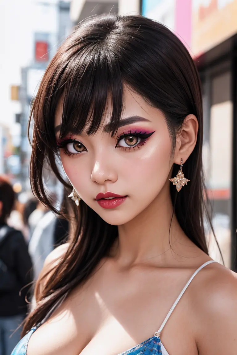 close-up of a kogal fashionista,cleavage,focusing on her trendsetting makeup with bold eyeliner and glossy lips, against a color...