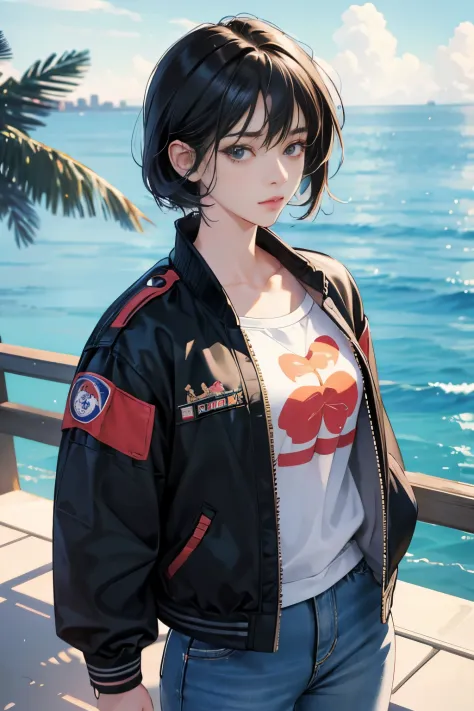 very colorful, pop feel, U.S. West Coast, summer image, Palm tree, seaside, Anime woman with short black hair, Around 25 years old, wearing a jacket, perfect tall model body, cool beauty, That will happen, Anime drawing by Yang J, Trending at Art Station, ...