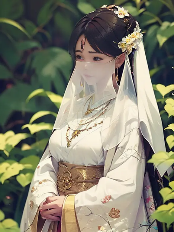 wavy hair wavy hair，，eyes are very delicate，ancient china，gorgeous lace golden white hanfu，（（（hair accessories）））（（（veil））），neck...