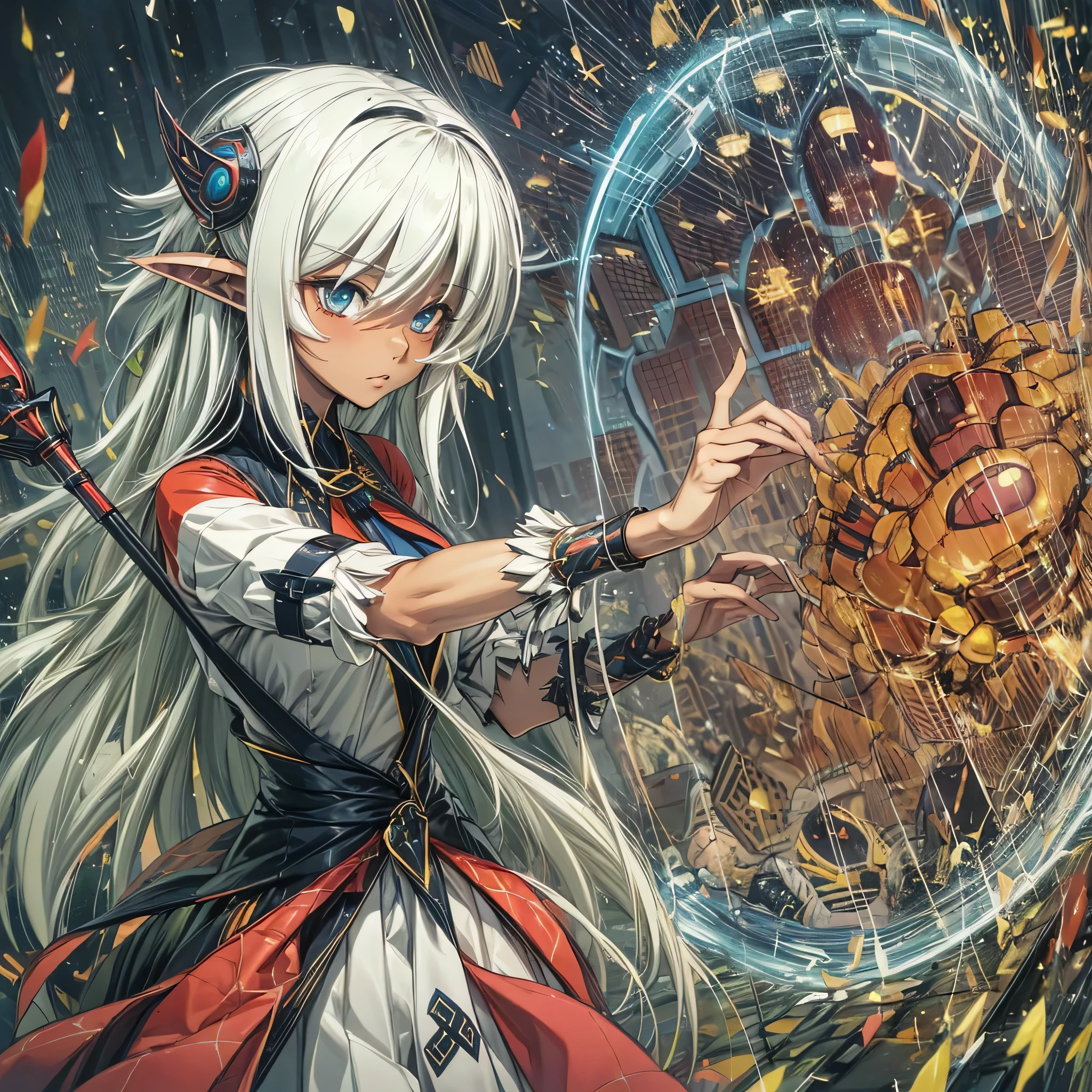 Nisei Muramasa, short hair, dark skin, high quality fantasy anime flatcolor photography, elf girl with white hair, holding staff, casting magical protection of translucent hexagonal tiled barrier in front of her. evil enemy's dark flame blast are barriered by the protection.