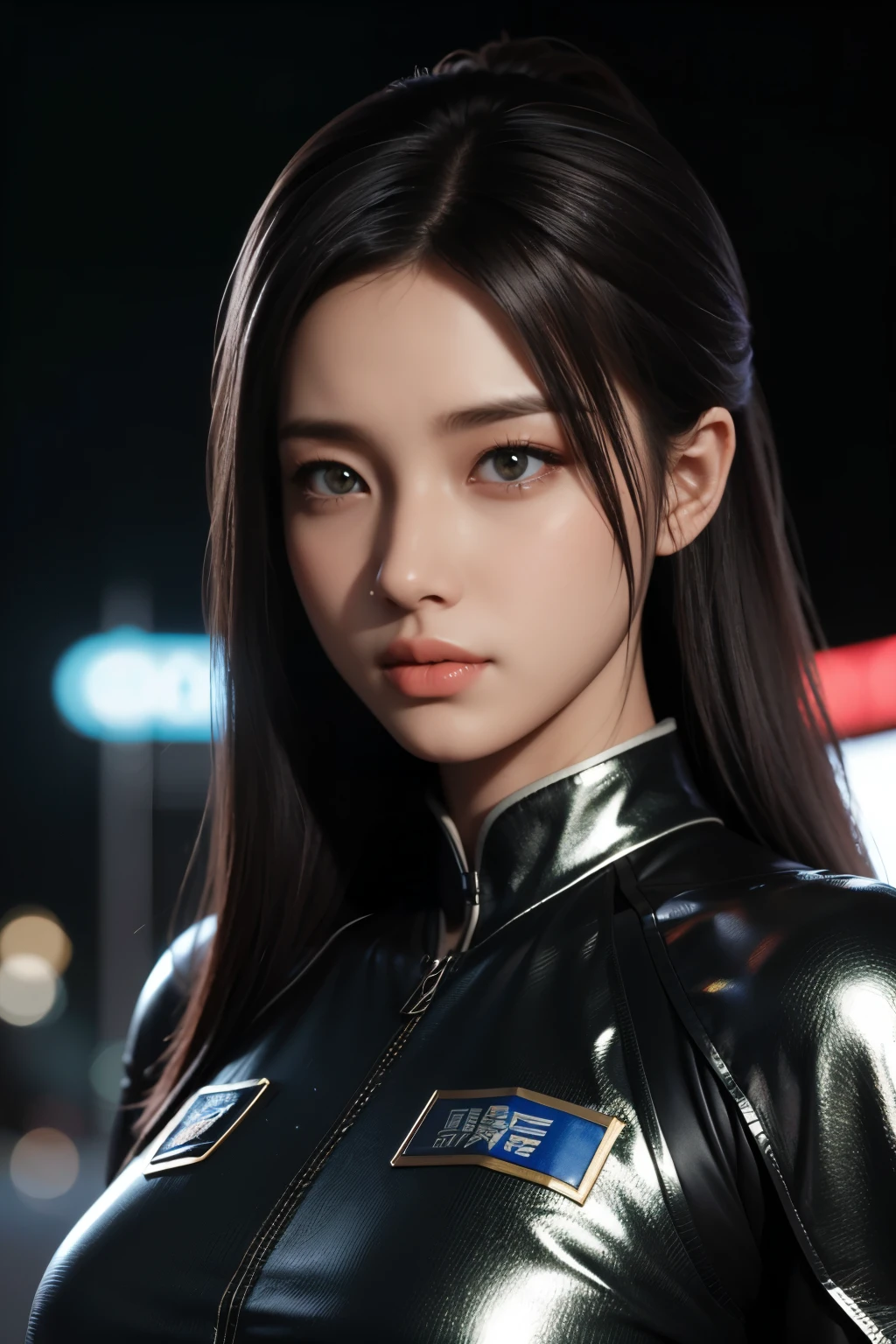 Masterpiece，The best qualities，Very high resolution，8K，((Portrait))，((Head close-up))，Original photo，real photo，Digital Photography，
(Cyberpunk-style female cops of the future world)，(Fighting girl)，22-year-old girl，(A hairstyle of random color)，An eye rich in detail，((Lachrymal nevus))，lip gloss，(Elegant and charming，Indifferent and noble)，(Big breastattle suits of the future，A garment that combines the characteristics of a police uniform，A fancy badge，An intricate pattern of clothing，Glittering jewels，Joint Armor，Metallic luster)，Cyberpunk Characters，Future Style，
Photo poses，Street background，Movie lights，Ray tracing，Game CG，((3D Unreal Engine))，oc rendering reflection texture