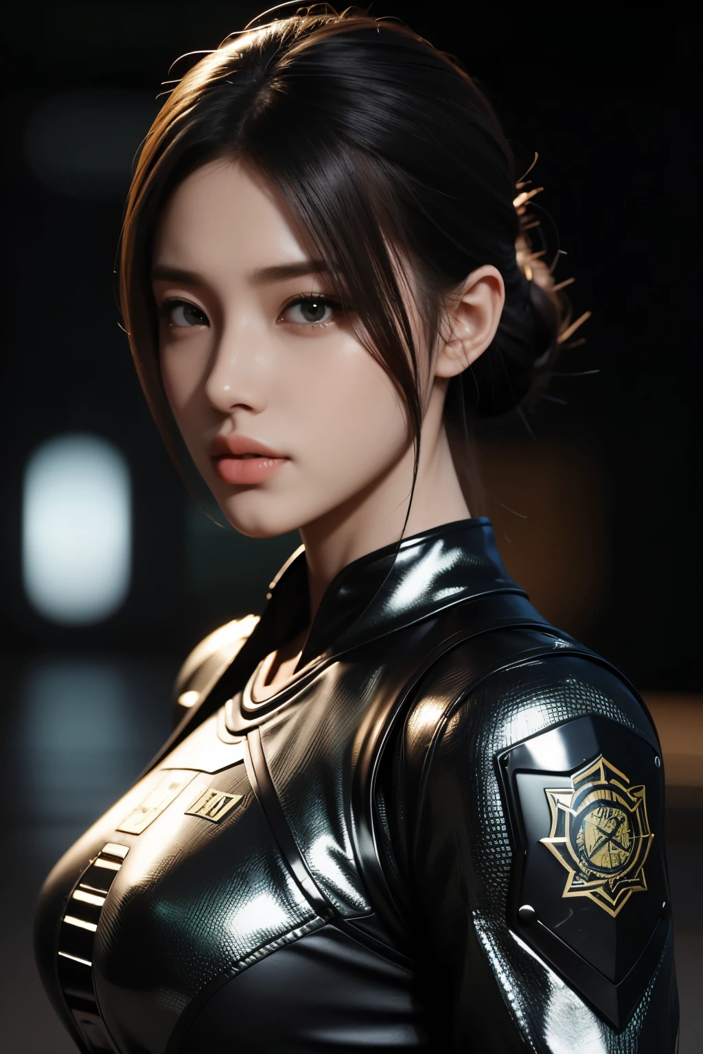 Masterpiece，The best qualities，Very high resolution，8K，((Portrait))，((Head close-up))，Original photo，real photo，Digital Photography，
(Cyberpunk-style female cops of the future world)，(Fighting girl)，22-year-old girl，(A hairstyle of random color)，An eye rich in detail，((Lachrymal nevus))，lip gloss，(Elegant and charming，Indifferent and noble)，(Big breastattle suits of the future，A garment that combines the characteristics of a police uniform，A fancy badge，An intricate pattern of clothing，Glittering jewels，Joint Armor，Metallic luster)，Cyberpunk Characters，Future Style，
Photo poses，Street background，Movie lights，Ray tracing，Game CG，((3D Unreal Engine))，oc rendering reflection texture