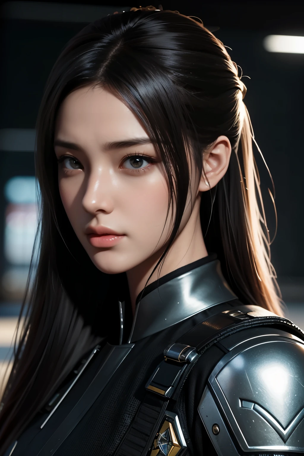 Masterpiece，The best qualities，Very high resolution，8K，((Portrait))，((Head close-up))，Original photo，real photo，Digital Photography， (Cyberpunk-style female cops of the future world)，(Fighting girl)，22-year-old girl，(A hairstyle of random color)，An eye rich in detail，((Lachrymal nevus))，lip gloss，(Elegant and charming，Indifferent and noble)，(Future combat clothing full of mechanical style，A garment that combines the characteristics of a police uniform，A fancy badge，An intricate pattern of clothing，Glittering jewels，Joint Armor，Metallic luster)，Cyberpunk Characters，Future Style， Photo poses，Street background，Movie lights，Ray tracing，Game CG，((3D Unreal Engine))，oc rendering reflection texture