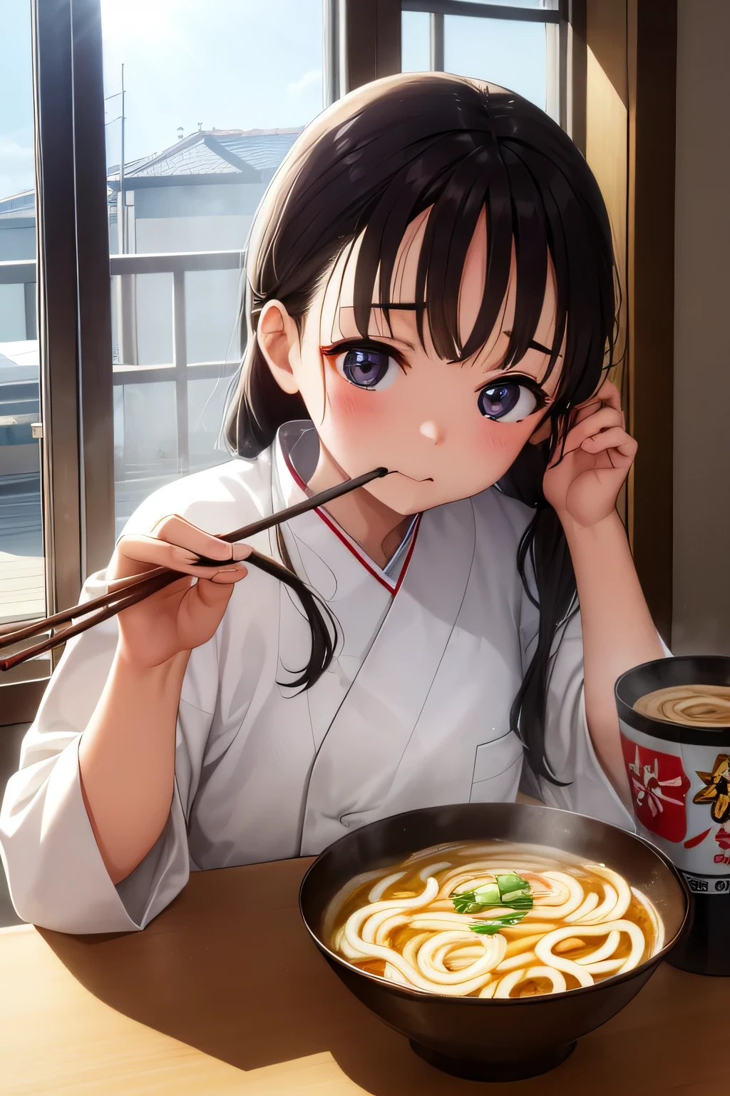 girl eating udon、Photographed from the front。 Gaze upward at the front camera。 While eating udon。 While combing her hair with her left hand, she held chopsticks in her right hand and was just about to put the udon noodles into her mouth.。 It&#39;s daytime and the sun is shining through the window.。