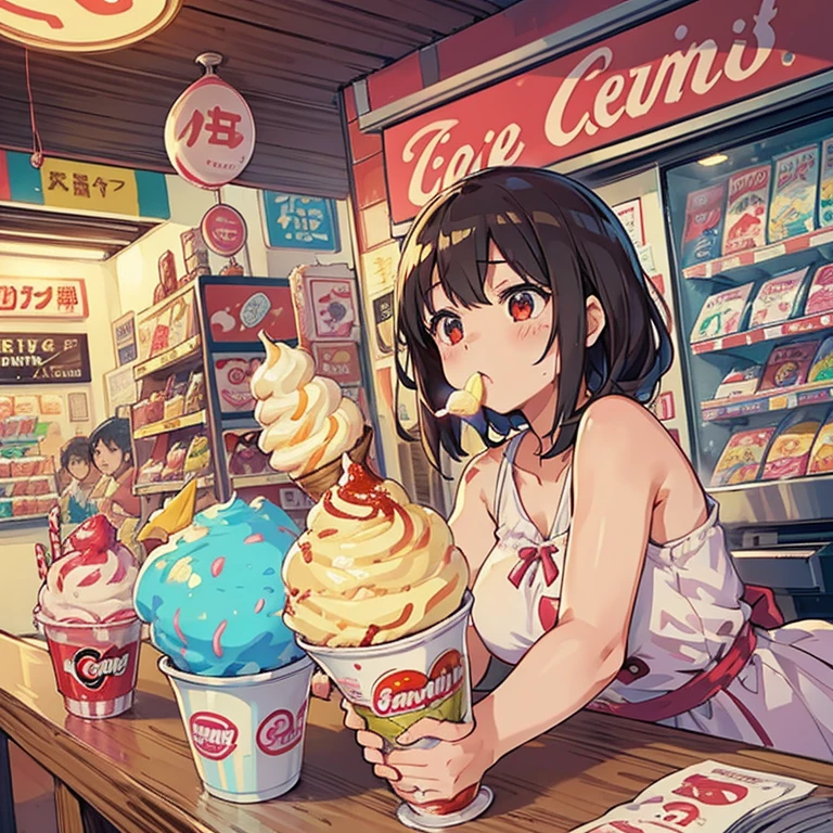 A candy store covered in newspaper waterfalls and boiling strawberry parfait ramen、amazing dynamism、amazing angle、A swirling newspaper storm of unstable buoyancy、((Many friendly convenience ice creams float perfectly and follow you..),surround each other&#39;whipped custard