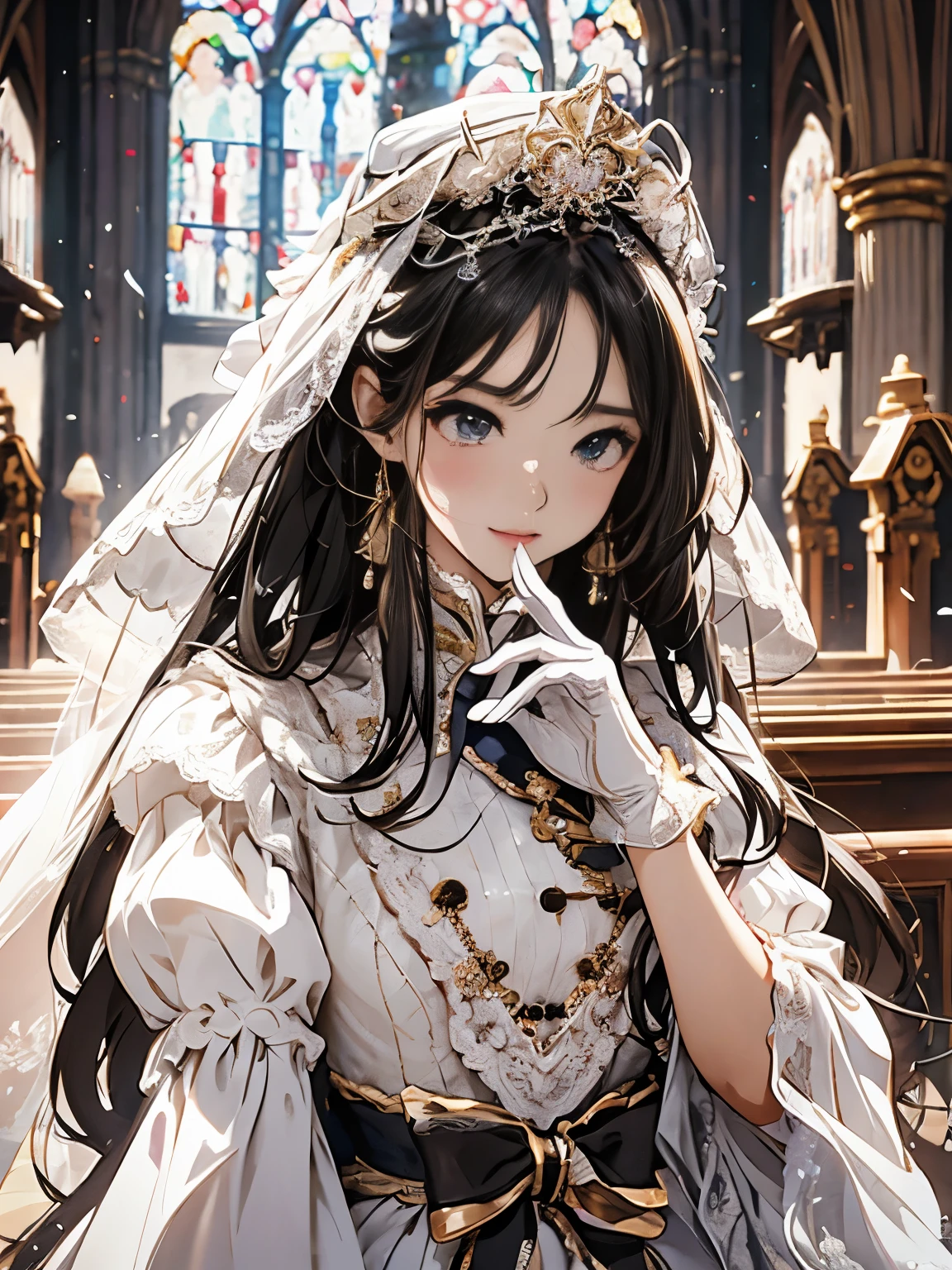 In front of the altar of a majestic church、（blurred background）、brighter light、golden long hair girl、Classic White Wedding Dresses、（elegant luster）、（Lots of races）、lots of ribbons、((voluminous puff sleeves))、long cuffs with many buttons、golden embroidery、long train、white embroidered gloves、five fingers、laughter、Redness of the cheeks、Eyes on the camera