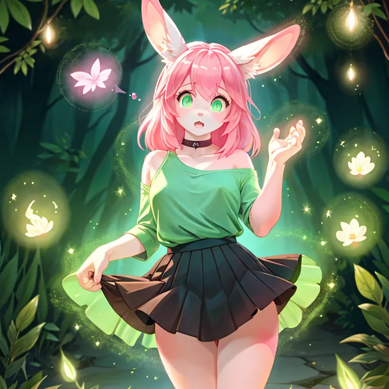 Short shocked Female bunny with pink fur long Pink hairs and glowing Green eyes wearing Black top and skirt looking at her hand ...