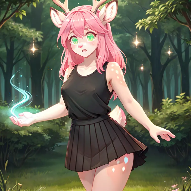 Short shocked Female deer with pink fur long Pink hairs and glowing Green eyes wearing Black top and skirt looking at her hand w...