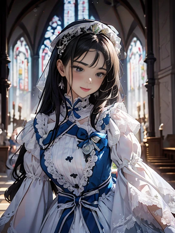 In front of the altar of a majestic church、（blurred background）、brighter light、（girl with long silver hair）、Classic White Wedding Dresses、（elegant luster）、（Lots of races）、lots of ribbons、((voluminous puff sleeves))、long cuffs with many buttons、golden embroidery、long train、white embroidered gloves、five fingers、laughter、Redness of the cheeks、Eyes on the camera