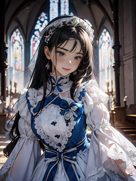 in front of the altar of a majestic church、（blurred background）、brighter light、（girl with long silver hair）、classic white weddin...