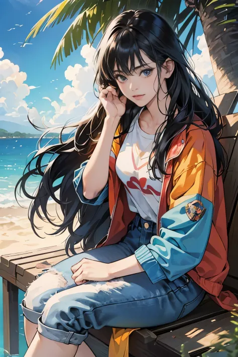very colorful, high sense, pop feel, Orange and indigo keynotes, summer image, coconut tree, beach, Anime woman with long black hair, Around 25 years old, wearing a jacket, blue jeans, perfect tall model body, cool beauty, it will happen, Anime drawing by ...
